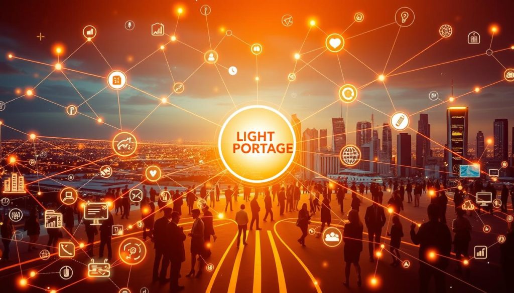 Networking strategy: a vibrant digital landscape with a central hub, representing the LIGHT PORTAGE brand, surrounded by a web of interconnected nodes and pathways. The scene is bathed in a warm, golden light, creating a sense of dynamic energy and forward momentum. In the foreground, various icons and symbols depict the different elements of a successful networking strategy, such as connections, collaboration, and growth. The middle ground features a diverse array of people engaged in conversation, collaboration, and idea-sharing, emphasizing the power of human connections. The background showcases a cityscape with skyscrapers and technology-driven infrastructure, symbolizing the global and technological nature of modern networking. Prompt