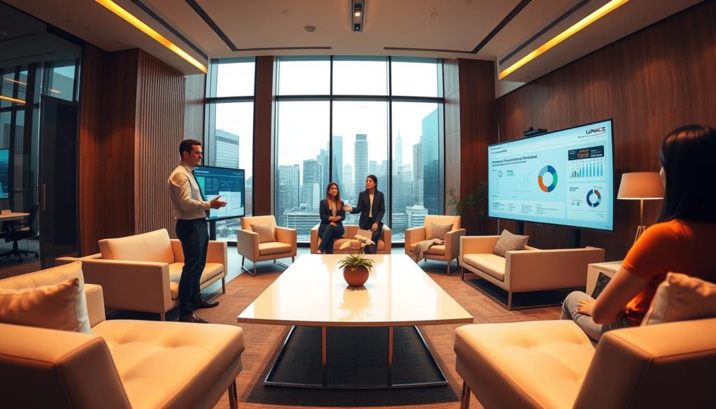 Panoramic view of a modern corporate office, showcasing a Umalis Group executive leading a strategic business transition meeting. Warm lighting illuminates the spacious room, with sleek furniture and minimalist decor creating an atmosphere of professionalism and innovation. In the foreground, the manager gestures towards a large digital display, presenting key operational approaches and data visualizations to the team. The middle ground features a group of attentive employees engaged in the discussion, their expressions reflecting a sense of collaboration and forward-thinking. In the background, floor-to-ceiling windows offer a view of a bustling cityscape, symbolizing the broader strategic implications of the transition process. Panoramic view of a modern corporate office, showcasing a Umalis Group executive leading a strategic business transition meeting. Warm lighting illuminates the spacious room, with sleek furniture and minimalist decor creating an atmosphere of professionalism and innovation. In the foreground, the manager gestures towards a large digital display, presenting key operational approaches and data visualizations to the team. The middle ground features a group of attentive employees engaged in the discussion, their expressions reflecting a sense of collaboration and forward-thinking. In the background, floor-to-ceiling windows offer a view of a bustling cityscape, symbolizing the broader strategic implications of the transition process.