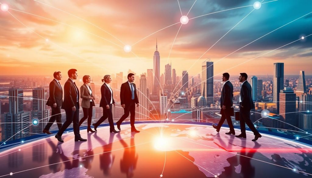 Parcours international management transition: A vibrant, globalized scene showcasing the Umalis Group's expertise in transition management. In the foreground, a diverse team of business leaders navigate a dynamic network of international connections, represented by sleek, intersecting lines. The middle ground depicts a bustling cityscape, with skyscrapers and transportation hubs hinting at the complex, multinational environment. In the background, a warm, golden light filters through, creating a sense of optimism and progress. The entire composition conveys a sophisticated, technology-driven approach to managing the challenges of globalization. Parcours international management transition: A vibrant, globalized scene showcasing the Umalis Group's expertise in transition management. In the foreground, a diverse team of business leaders navigate a dynamic network of international connections, represented by sleek, intersecting lines. The middle ground depicts a bustling cityscape, with skyscrapers and transportation hubs hinting at the complex, multinational environment. In the background, a warm, golden light filters through, creating a sense of optimism and progress. The entire composition conveys a sophisticated, technology-driven approach to managing the challenges of globalization.