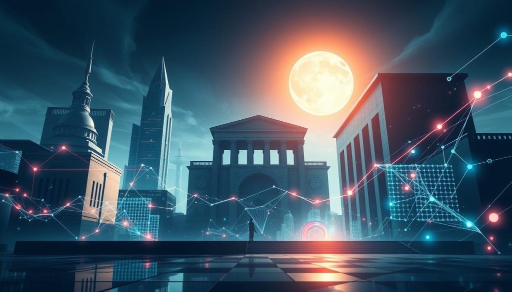 Perspectives d'évolution du cadre juridique: a striking digital illustration showcasing the dynamic legal landscape, as seen through the eyes of the Umalis Group. Dramatic architectural structures representing legal institutions stand tall, their geometric forms casting intricate shadows. Glowing data streams and holographic elements weave through the scene, symbolizing the evolving digital frameworks. The composition is bathed in a cool, futuristic lighting, creating a sense of contemplation and anticipation around the future of the legal system. The overall tone is one of progress and innovation, reflecting the Umalis Group's forward-thinking approach to management transition. Perspectives d'évolution du cadre juridique: a striking digital illustration showcasing the dynamic legal landscape, as seen through the eyes of the Umalis Group. Dramatic architectural structures representing legal institutions stand tall, their geometric forms casting intricate shadows. Glowing data streams and holographic elements weave through the scene, symbolizing the evolving digital frameworks. The composition is bathed in a cool, futuristic lighting, creating a sense of contemplation and anticipation around the future of the legal system. The overall tone is one of progress and innovation, reflecting the Umalis Group's forward-thinking approach to management transition.