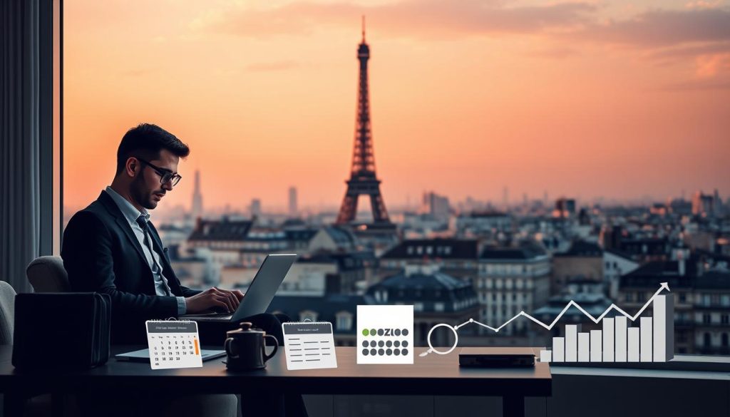 Portage Salarial模式: a sophisticated employment framework in France, where professionals operate as independent contractors under a structured system. Against a backdrop of a modern, minimalist Parisian cityscape, depict this concept visually. In the foreground, showcase a well-dressed individual working remotely on a laptop, surrounded by a clean, organized home office setup. In the middle ground, include symbolic visual cues that convey the flexibility and benefits of the Portage Salarial model, such as a calendar, a briefcase, and a stylized chart or graph. In the distant background, capture the iconic Eiffel Tower silhouette, bathed in a warm, golden evening light, representing the broader French professional landscape. The overall mood should convey a sense of productivity, autonomy, and the modern, streamlined nature of this unique employment arrangement.