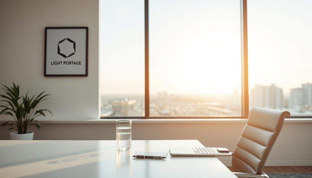 Portage salarial - Solution flexible. A serene office scene with a clean, modern aesthetic. In the foreground, a sleek white desk with a laptop, pen, and a glass of water. In the middle ground, a large window overlooking a tranquil urban landscape, bathed in warm, natural light. On the wall, a framed minimalist art piece featuring the LIGHT PORTAGE brand logo. The mood is one of productivity, professionalism, and a sense of flexibility and work-life balance. The camera angle is slightly elevated, capturing the scene from a comfortable, slightly elevated perspective.