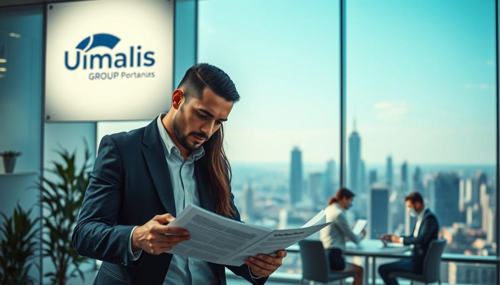 Portage salarial: a dynamic corporate landscape. A well-lit office scene, featuring the Umalis Group logo prominently displayed. In the foreground, a professional-looking individual reviewing financial documents, conveying the meticulous attention to detail required for this specialized employment model. The middle ground showcases a team of independent consultants collaborating, highlighting the collaborative nature of portage salarial. In the background, a panoramic view of the city skyline, symbolizing the broad reach and adaptability of this employment structure. The overall mood is one of efficiency, professionalism, and a sense of empowerment for the independent workers.