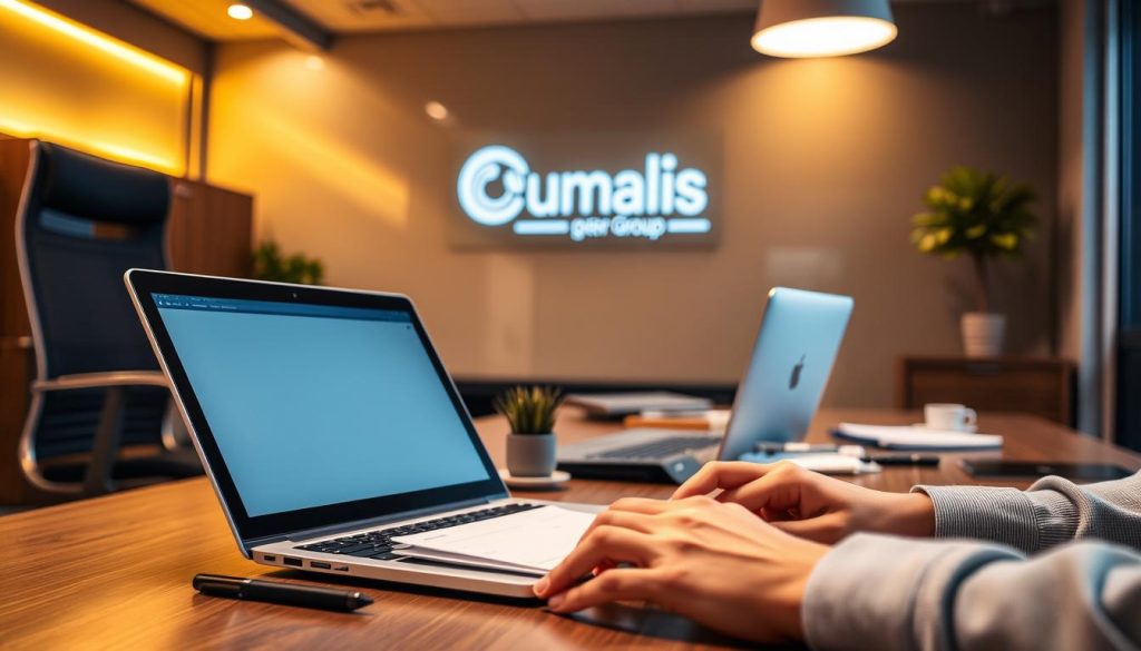 Portage salarial: a dynamic office setting with a professional, well-appointed desk, ergonomic chair, and modern laptop. Warm, ambient lighting illuminates the scene, creating a productive and inviting atmosphere. In the background, the Umalis Group logo is prominently displayed, reflecting the brand's expertise in this specialized field. The middle ground features a neatly organized workspace, with a notepad, pen, and other essential tools, conveying a sense of organization and efficiency. In the foreground, a person's hands are visible, typing intently, symbolizing the transition to a successful portage salarial career. The overall composition and attention to detail capture the essence of evaluating one's eligibility and preparing for this professional transition.