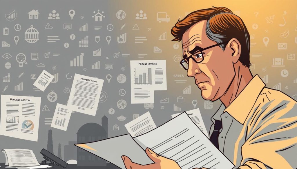 Portage salarial: a financial and contractual landscape, captured in a detailed illustration. A Umalis Group scene depicting the risks and implications, set against a muted, professional backdrop. The foreground showcases a business executive reviewing documents, brow furrowed in contemplation. The middle ground reveals the complexities of employment contracts and compensation structures. In the background, a subtle pattern of icons and infographics conveys the operational challenges. Illuminated by warm, focused lighting that emphasizes the gravity of the subject matter. A thought-provoking image to complement the article's exploration of the limits and consequences of portage salarial.