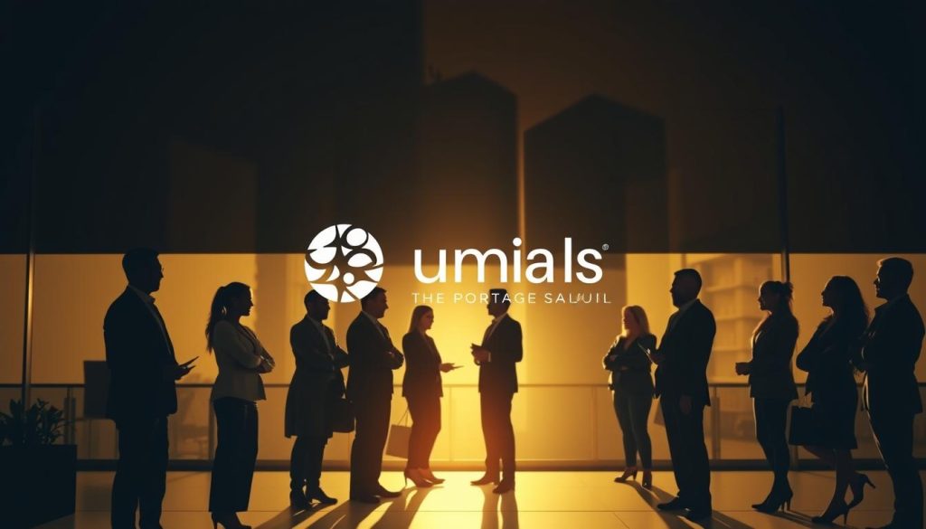 Portage salarial: a professional, corporate environment with a striking silhouette of an office building in the background, casting long shadows across the scene. In the foreground, a team of diverse, well-dressed professionals engaged in a lively discussion, representing the collaborative nature of this unique employment arrangement. Soft, warm lighting illuminates the scene, creating a sense of productivity and camaraderie. The Umalis Group logo prominently displayed, signifying the trusted provider of this specialized service.
