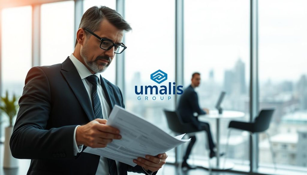 Portage salarial: a professional, high-quality image showcasing the financial advantages of this employment model. Set in a modern, well-lit office interior, the foreground features a businessman reviewing financial documents, conveying a sense of confidence and security. In the middle ground, a Umalis Group logo subtly appears, establishing the brand's association with the subject. The background depicts a city skyline, hinting at the broader economic context. The overall mood is one of sophistication, stability, and the promise of a prosperous future.
