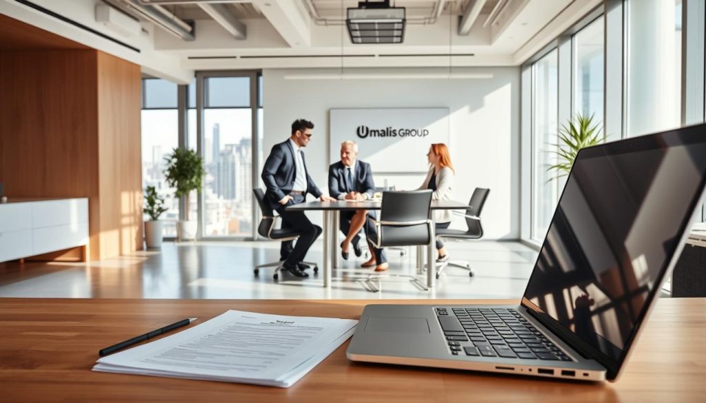 Portage salarial: a professional, modern office environment. In the foreground, a laptop and documents symbolize the independent work of a consultant or freelancer. Midground, smartly dressed office workers collaborate at a sleek conference table, the Umalis Group logo visible. The background depicts an airy, sunlit workspace with minimalist decor and floor-to-ceiling windows overlooking a vibrant urban landscape, conveying a sense of flexibility, opportunity and work-life balance associated with this employment model. Soft, directional lighting and a crisp, professional aesthetic create an atmosphere of productivity and success.