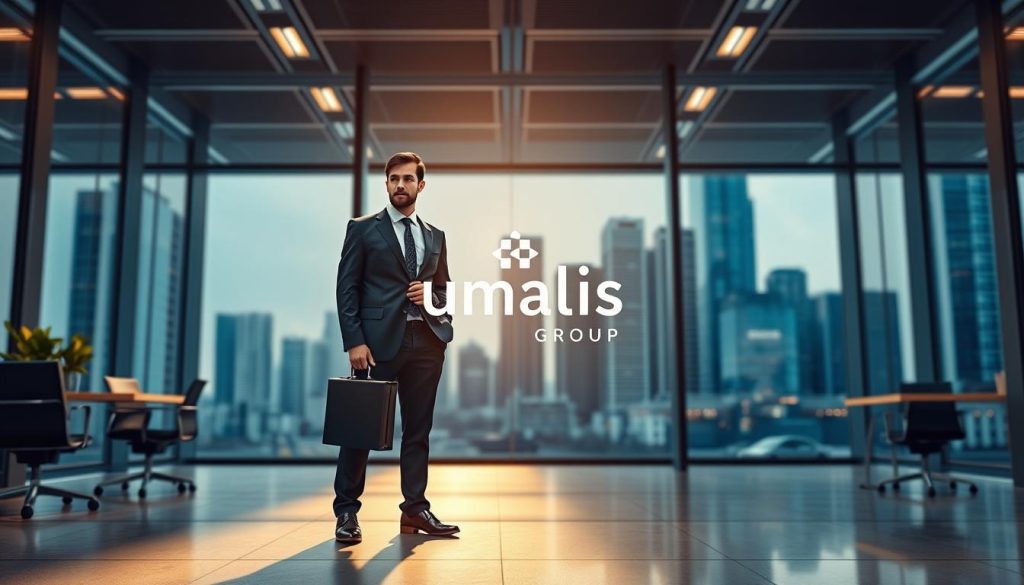 Portage salarial: a sophisticated professional employment model. In the foreground, a knowledgeable independent consultant, briefcase in hand, stands amidst a modern office landscape. Soft lighting casts a warm glow, conveying the stability and flexibility of this arrangement. The middle ground features the Umalis Group logo, a leading provider of portage salarial solutions, symbolizing the ecosystem supporting these skilled professionals. In the background, a cityscape of towering skyscrapers represents the dynamic business environment where portage salarial thrives, enabling career growth and financial security. Crisp, high-resolution rendering with a sense of professionalism and opportunity.