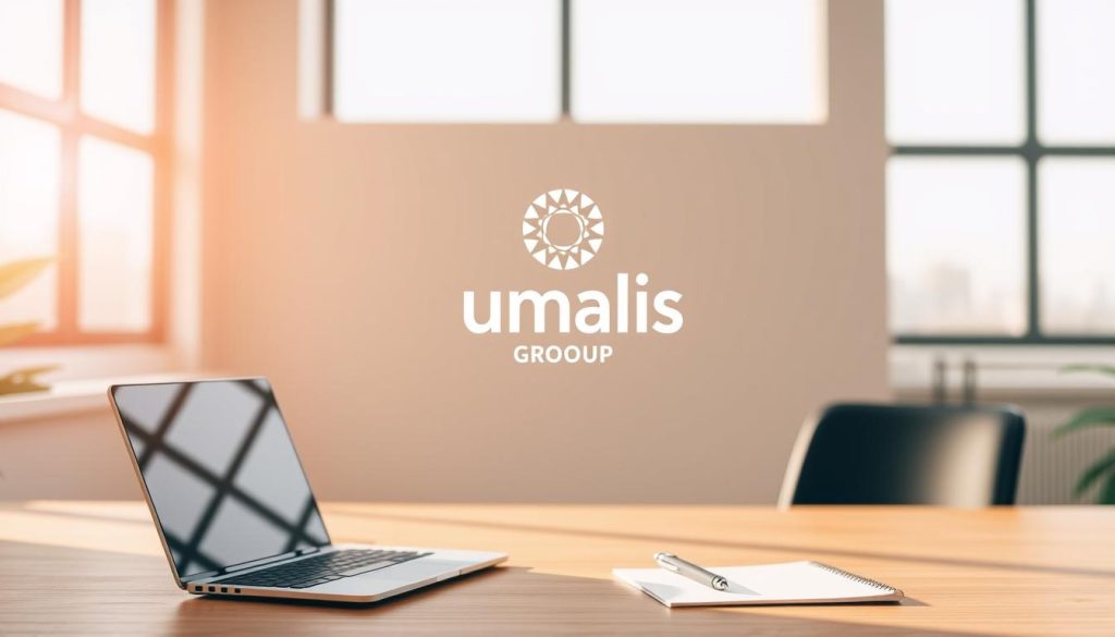 Portage salarial: a tranquil office space showcasing the Umalis Group brand. A neatly organized desk with a laptop, pen, and notebook against a warm, neutral-toned backdrop. Soft natural lighting filters through large windows, creating a calming ambiance. In the middle ground, a stylized representation of the Umalis Group logo hovers, symbolizing the supportive services they provide. The overall scene conveys the advantages of the portage salarial arrangement - professional autonomy, work-life balance, and the backing of an established agency.