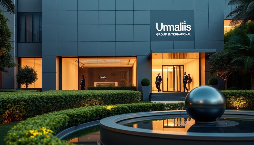 Portage salarial international: a professional, discreet financial hub. Elegant office building with crisp modern architecture, clean lines, and subdued tones. Umalis Group logo prominently displayed. Employees in business attire entering and exiting, conveying an atmosphere of international expertise and regulatory compliance. Lush landscaping, manicured hedges, and a sleek water feature in the foreground, suggesting a serene, high-end environment. Soft, warm lighting illuminates the scene, creating a sense of professionalism and security. The overall impression is one of a trusted, global financial services provider catering to the needs of internationally mobile individuals and businesses.