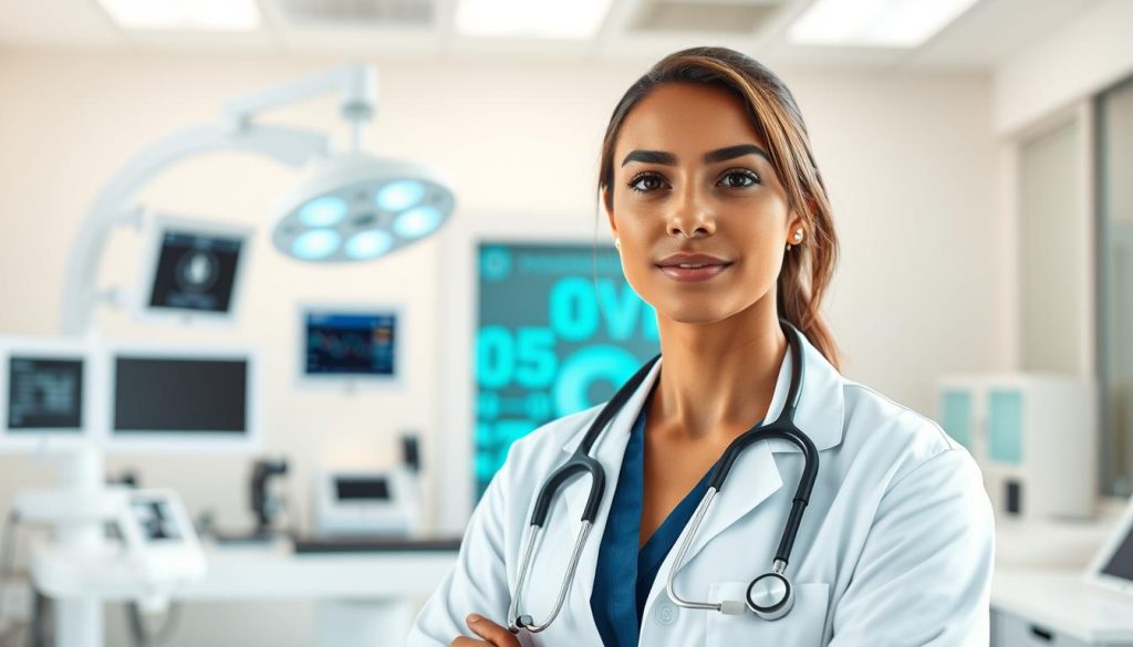 Portage salarial santé: a professional healthcare worker stands in a bright, modern office, wearing a crisp white lab coat and stethoscope. The background features sleek medical equipment and technology, conveying a sense of innovation and expertise. Soft, natural lighting illuminates the scene, creating a warm and inviting atmosphere. The worker's expression is focused and confident, suggesting their dedication to their craft. The overall composition emphasizes the flexibility and career advancement opportunities offered by the portage salarial system in the healthcare industry.