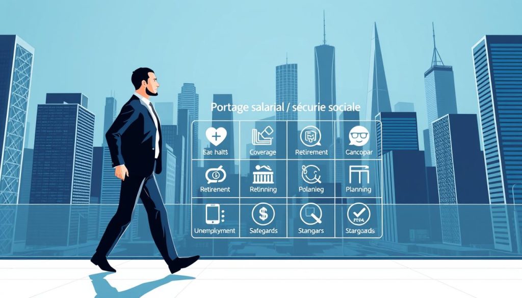 Portage salarial sécurité sociale: a sleek, modern illustration showcasing the key protections offered by the Umalis Group's professional employment solution. In the foreground, a stylized figure confidently strides forward, symbolizing the independence and security of the portage salarial arrangement. The middle ground features a grid of icons representing essential social benefits like health coverage, retirement planning, and unemployment safeguards. In the background, a dynamic cityscape with towering skyscrapers evokes the dynamic, professional environment where the portage salarial model thrives. Crisp, high-contrast lighting and a cool color palette convey a sense of trust, reliability, and forward-thinking innovation associated with the Umalis Group brand.