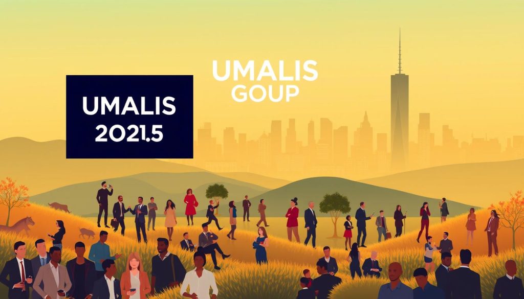 Portage salarial tendances 2025: A dynamic landscape with the UMALIS GROUP logo prominently displayed. In the foreground, a diverse group of professionals in various roles and industries, representing the evolving nature of the gig economy. The middle ground showcases emerging trends, such as remote work, flexible schedules, and the growing appeal of independent consulting. The background features a futuristic cityscape, symbolizing the integration of technology and the changing workforce. Warm lighting and a vibrant color palette convey a sense of optimism and progress, capturing the essence of the "Nouvelles tendances du portage salarial en 2025".