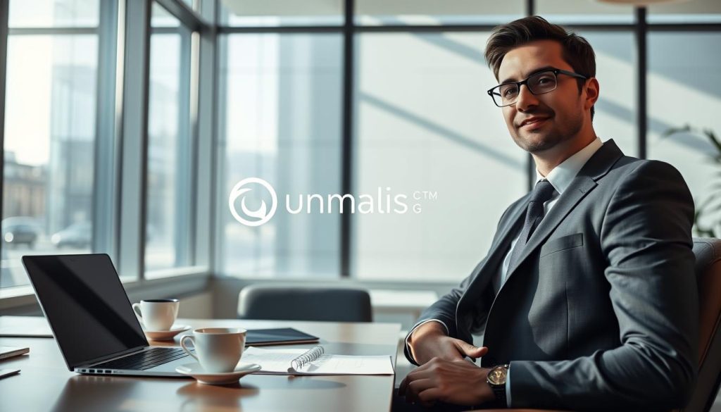 Portrayal of the advantages of "portage salarial" as a professional consultant. A serene, modern office setting with sunlight streaming through large windows, illuminating a desk with a laptop, paperwork, and a cup of coffee. In the foreground, a well-dressed business person sits comfortably, exuding a sense of control and flexibility. In the background, the Umalis Group logo is subtly displayed, highlighting their expertise in the field of "portage salarial". The overall atmosphere conveys the benefits of utilizing a consultant's services, such as work-life balance, financial stability, and professional growth.