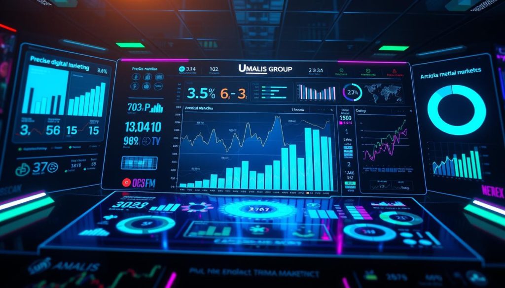 Precise digital marketing metrics displayed on sleek holographic dashboard, surrounded by data visualizations, analytics charts, and graphs. Vibrant hues of blue, green, and purple create a futuristic, high-tech atmosphere. Umalis Group branding subtly incorporated in the design. Cinematic lighting, with dramatic shadows and highlights, enhances the sophisticated, authoritative tone. Camera angle slightly elevated, creating an immersive, bird's-eye perspective. Overall, a striking, information-rich image that conveys the importance of data-driven digital marketing strategies.