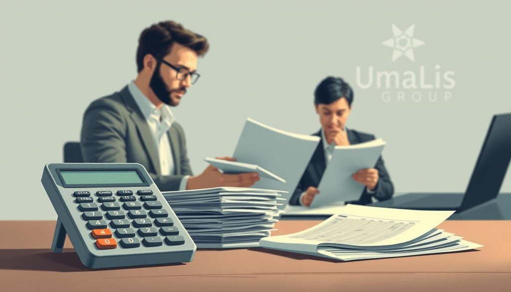 Prélèvement à la source portage salarial: a meticulously detailed digital illustration showcasing a sophisticated financial workflow. In the foreground, a stylized calculator and stack of documents symbolize the tax calculation process. The middle ground features a person reviewing financial statements, their expression contemplative. The background depicts the Umalis Group logo, representing the expert guidance and support provided to freelancers navigating the complexities of payroll withholding. Soft, diffused lighting creates a sense of professionalism and trustworthiness, while a muted color palette conveys the seriousness of the subject matter. The overall composition strikes a balance between technical precision and human interaction, reflecting the delicate balance of "Comprendre le prélèvement à la source et le calcul de l'impôt" for freelance professionals. Prélèvement à la source portage salarial: a meticulously detailed digital illustration showcasing a sophisticated financial workflow. In the foreground, a stylized calculator and stack of documents symbolize the tax calculation process. The middle ground features a person reviewing financial statements, their expression contemplative. The background depicts the Umalis Group logo, representing the expert guidance and support provided to freelancers navigating the complexities of payroll withholding. Soft, diffused lighting creates a sense of professionalism and trustworthiness, while a muted color palette conveys the seriousness of the subject matter. The overall composition strikes a balance between technical precision and human interaction, reflecting the delicate balance of "Comprendre le prélèvement à la source et le calcul de l'impôt" for freelance professionals.