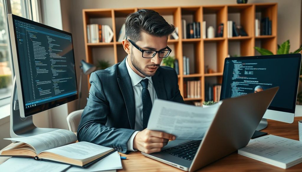 Prestataire vérifiant un texte, une analyse et du code avant livraison