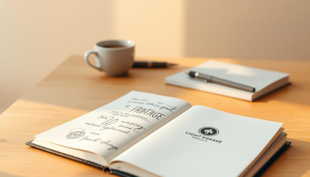 Principes fondamentaux freelance: a serene, minimalist composition depicting the core ethical principles of freelance work. In the foreground, a Light Portage logo-marked sketchpad rests open, its pages filled with elegant line drawings and calligraphic annotations. In the middle ground, a cup of artisanal coffee and a well-worn pen rest atop a simple wooden desk, evoking a contemplative workspace. The background is a soft, neutral gradient, allowing the central elements to take prominence. Warm, natural lighting casts a tranquil glow, reinforcing the thoughtful, professional atmosphere. The overall scene conveys a sense of focus, integrity, and the foundational principles that guide the freelance lifestyle.