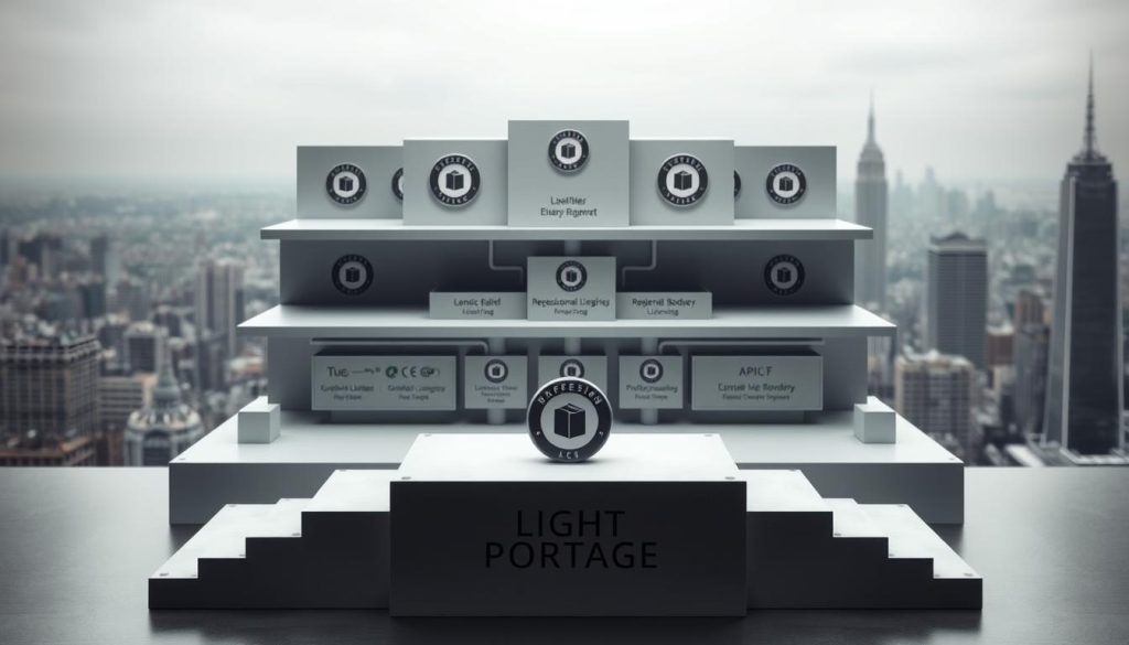 Professional licensing framework depicted as a three-dimensional, layered architectural structure. Foreground features a central pedestal with the LIGHT PORTAGE logo engraved, surrounded by various professional emblems and seals. Middle ground showcases interconnected modules representing different regulatory bodies and licensing processes, with clean lines and geometric shapes. Background includes a detailed cityscape, suggesting the framework's integration with the broader legal and societal infrastructure. Lighting is soft and muted, creating a sense of sophistication and authority. Camera angle is slightly elevated, providing an overview of the comprehensive licensing system.