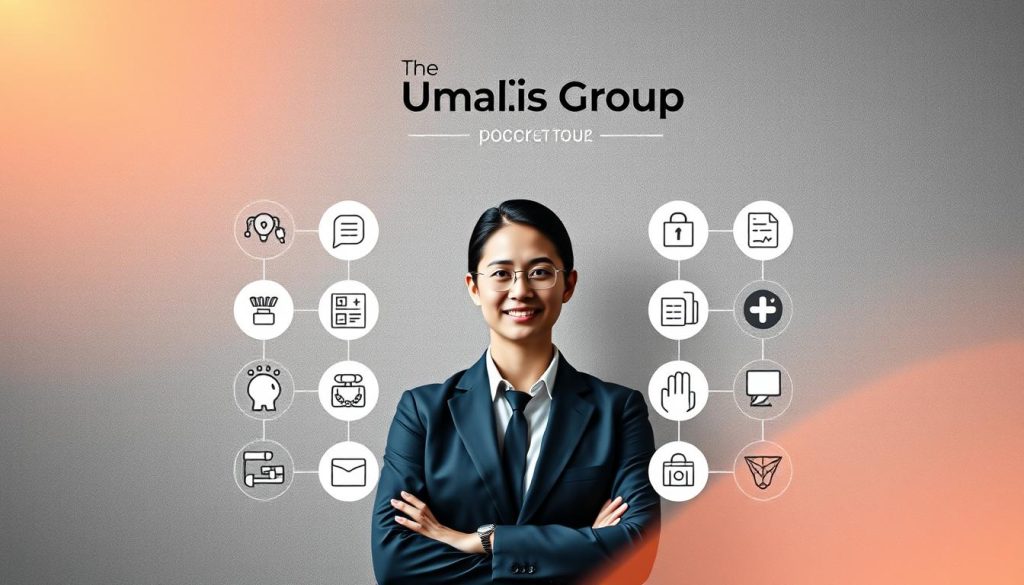 Professional profile design featuring a sleek and modern layout with a clean, minimalist aesthetic. A central headshot of a person in business attire, surrounded by various icons and graphical elements representing their skills, experience, and accomplishments. The Umalis Group brand name prominently displayed in the header, conveying a sense of professionalism and authority. Soft, warm lighting casts a subtle glow, creating a welcoming and approachable atmosphere. The composition is balanced, with a mix of textured backgrounds, geometric shapes, and subtle color accents that complement the overall design. The image evokes a sense of confidence, expertise, and a strong personal brand, suitable for showcasing in an article about building a successful online professional profile.