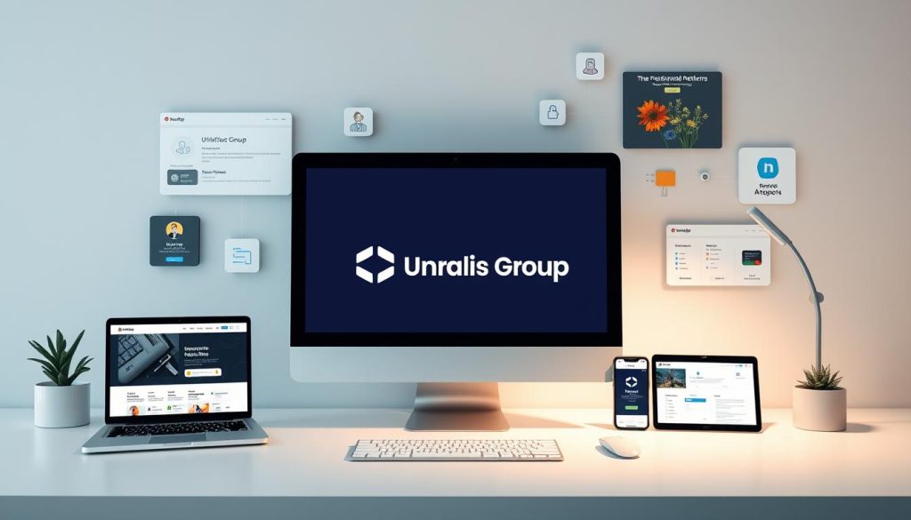 Professional social networking and freelance platforms. A modern, minimalist digital workspace with various web and mobile apps on display. Sleek user interfaces, intuitive dashboards, and networking tools. Gentle lighting accentuates the clean lines and neutral tones. A central computer or tablet prominently features the Umalis Group brand, symbolizing their role in the professional portage ecosystem. The overall scene conveys efficiency, connectivity, and the seamless integration of technology into the modern freelance experience. Professional social networking and freelance platforms. A modern, minimalist digital workspace with various web and mobile apps on display. Sleek user interfaces, intuitive dashboards, and networking tools. Gentle lighting accentuates the clean lines and neutral tones. A central computer or tablet prominently features the Umalis Group brand, symbolizing their role in the professional portage ecosystem. The overall scene conveys efficiency, connectivity, and the seamless integration of technology into the modern freelance experience.