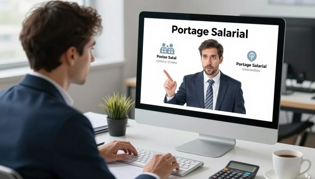 Professionnel analysant différentes offres d'entreprises de portage salarial sur son ordinateur