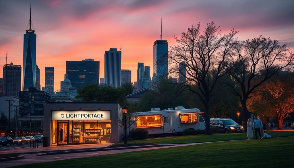 Prompt A bustling city skyline at dusk, with a LIGHT PORTAGE storefront prominently displayed in the foreground. In the middle ground, a diverse array of income streams represented as different types of businesses - a tech startup, a small boutique, a food truck, and a freelance creative studio. The background features a serene park-like setting, with people enjoying various activities, symbolizing the balance and flexibility of a diversified income. Warm lighting and a sense of energy and opportunity permeate the scene, conveying the theme of "Diversifying Your Income Streams" for independent professionals.