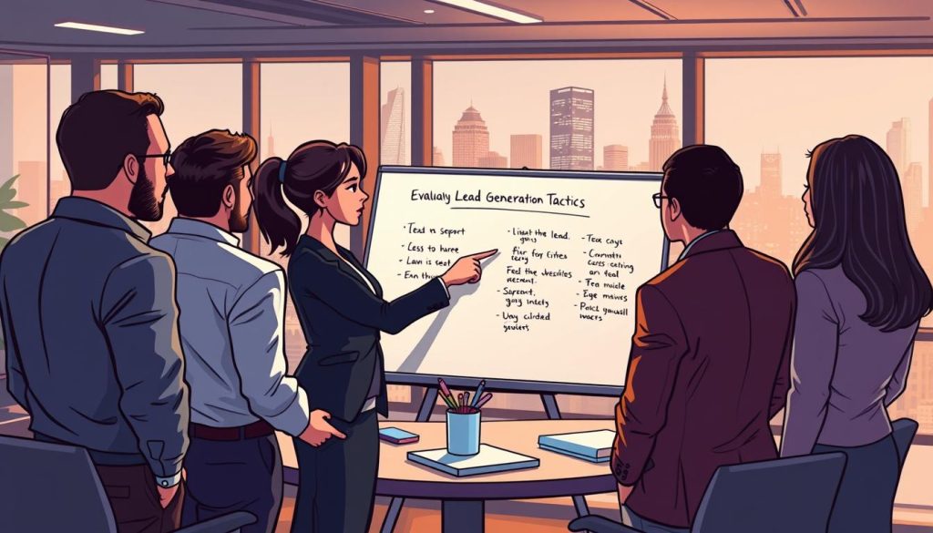 Prompt A bustling office scene with a team of professionals gathered around a whiteboard, evaluating lead generation tactics for the Umalis Group. The foreground features a woman in a power suit pointing at the board, surrounded by colleagues in deep discussion. Soft, warm lighting illuminates the scene, creating an atmosphere of focus and collaboration. In the background, large windows overlook a vibrant cityscape, hinting at the broader strategic context. The image conveys a sense of strategic assessment and refinement, with the Umalis Group team actively exploring and refining their lead generation approach.