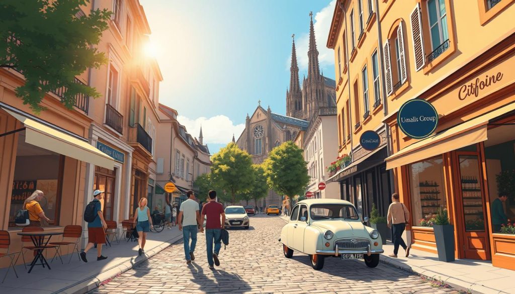 Prompt A bustling street in a quaint French town, the Umalis Group's local SEO services on full display. Cobblestone walkways, cafe tables spilling out onto the sidewalk, and charming storefronts with ornate window displays. Warm, golden sunlight filters through the trees, casting a soft glow over the scene. In the foreground, a group of people stroll by, engaged in animated conversation. In the middle ground, a vintage Citroën parked along the curb. Further back, the iconic architecture of a historic cathedral towers over the scene, its spires reaching towards the cloudless azure sky. A feeling of authentic French ambiance and local pride pervades the image. Prompt A bustling street in a quaint French town, the Umalis Group's local SEO services on full display. Cobblestone walkways, cafe tables spilling out onto the sidewalk, and charming storefronts with ornate window displays. Warm, golden sunlight filters through the trees, casting a soft glow over the scene. In the foreground, a group of people stroll by, engaged in animated conversation. In the middle ground, a vintage Citroën parked along the curb. Further back, the iconic architecture of a historic cathedral towers over the scene, its spires reaching towards the cloudless azure sky. A feeling of authentic French ambiance and local pride pervades the image.