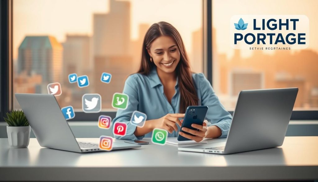 Prompt A clean, modern workspace with a laptop, smartphone, and various social media app icons floating in the foreground. In the middle ground, a professional-looking woman in a light blue blouse is smiling and interacting with the devices. The background features a warm, blurred city skyline with the LIGHT PORTAGE brand logo subtly visible in the corner. The lighting is soft and natural, creating a calming, productive atmosphere.