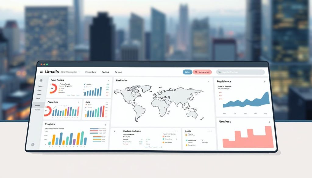 Prompt A comprehensive review management strategy for the Umalis Group, depicted through a well-organized dashboard interface. The foreground showcases a sleek, minimalist design with various analytics charts and graphs, providing real-time insights into customer feedback, sentiment analysis, and reputation trends. The middle ground features a central map highlighting the global distribution of reviews, while the background displays a blurred cityscape, symbolizing the brand's reach and impact. The overall scene conveys a sense of control, clarity, and data-driven decision-making, essential for effectively managing the Umalis Group's online reputation.