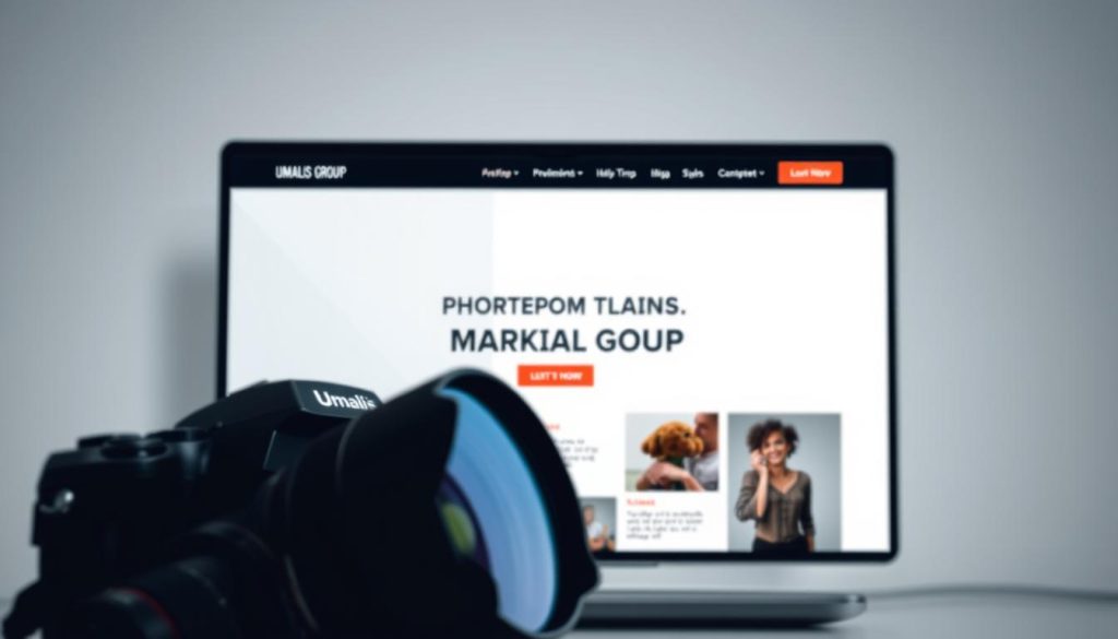 Prompt A creative and strategic marketing plan for a professional photographer, showcasing a sleek, modern portfolio website for the Umalis Group brand. In the foreground, a photographer's camera and lens are displayed, hinting at the technical expertise behind the images. The middle ground features a stylized, minimalist website layout with clean typography and a bold, eye-catching color scheme. In the background, subtle graphic elements such as geometric shapes and patterns suggest the analytical, data-driven approach to the marketing strategy. The overall mood is one of sophistication, innovation, and a keen understanding of the photography industry.
