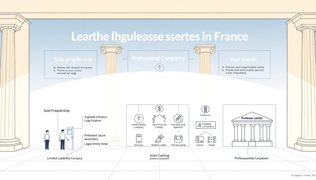 Prompt A detailed blueprint of legal structures for freelancers in France, rendered in a clean, minimalist style. The foreground depicts various business entity types - sole proprietorship, limited liability company, and professional corporation - with their key attributes illustrated. The middle ground shows icons representing tax, insurance, and regulatory compliance frameworks. The background features architectural elements like columns and arches, conveying a sense of stability and professionalism. The lighting is soft and even, creating a calm, authoritative atmosphere. The overall composition is well-balanced, guiding the viewer's eye through the essential components of the freelancer's legal landscape in France.