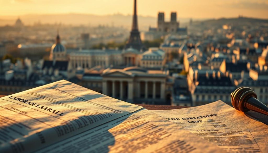 Prompt A detailed illustration showcasing the legal framework of "portage salarial" in France, against a backdrop of the Umalis Group's expertise. In the foreground, a tactile, textured depiction of official legal documents and legislation, illuminated by warm, directional lighting. In the middle ground, a minimalist architectural representation of the French labor law system, rendered in muted tones. In the background, a cityscape of Paris, its iconic landmarks subtly visible, conveying a sense of context and authority. The overall composition should strike a balance between technicality and elegance, reflecting the sophistication of the "portage salarial" concept and the Umalis Group's professionalism.