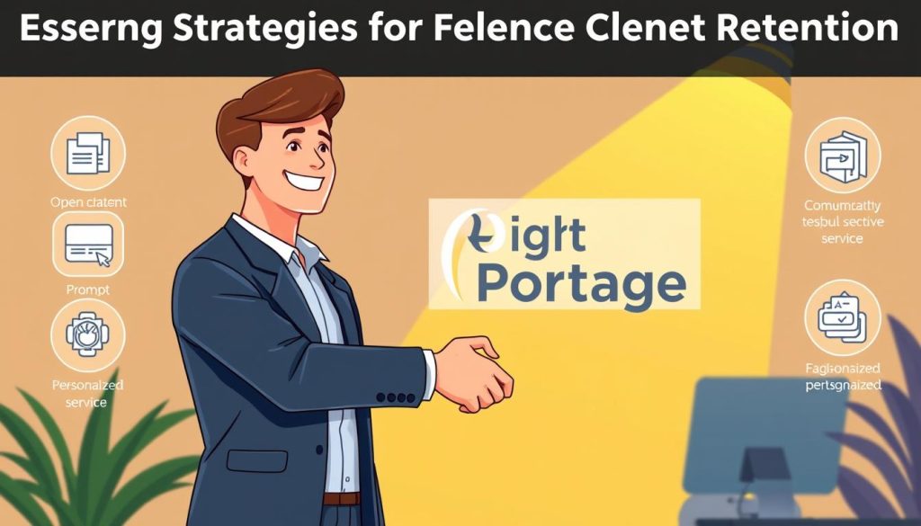 Prompt A digital illustration showcasing "Essential Strategies for freelance client retention" for the article "Mastering Freelance Client Retention: Best Practices". In the foreground, a professional freelancer shakes hands with a satisfied client, conveying trust and partnership. In the middle ground, icons representing key client retention strategies such as open communication, prompt responsiveness, and personalized service. In the background, the Light Portage brand logo is prominently displayed, signifying the company's expertise in this domain. The scene is illuminated by a warm, inviting lighting that creates a collaborative and productive atmosphere.