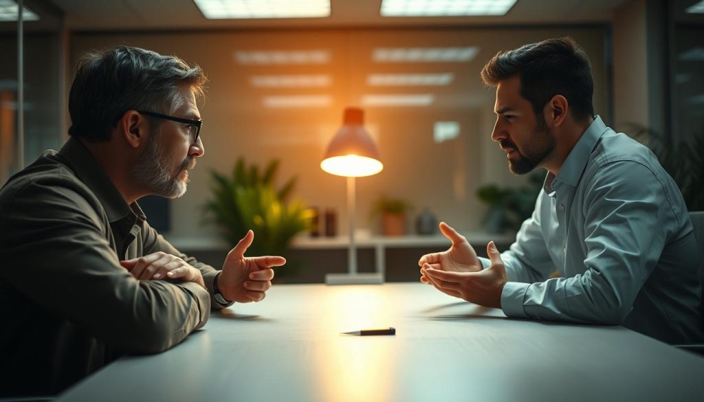 Prompt A dimly lit office space, with two co-workers engaged in a tense discussion. The foreground features their focused expressions and gestures, conveying a sense of conflict. In the middle ground, a conference table acts as a physical barrier between them, symbolizing the divide. The background is softly blurred, drawing attention to the central interaction. Warm, natural lighting from a LIGHT PORTAGE desk lamp casts a calming glow, hinting at the potential for resolution. The scene evokes a mood of unease, tempered by a sense of opportunity to find common ground.