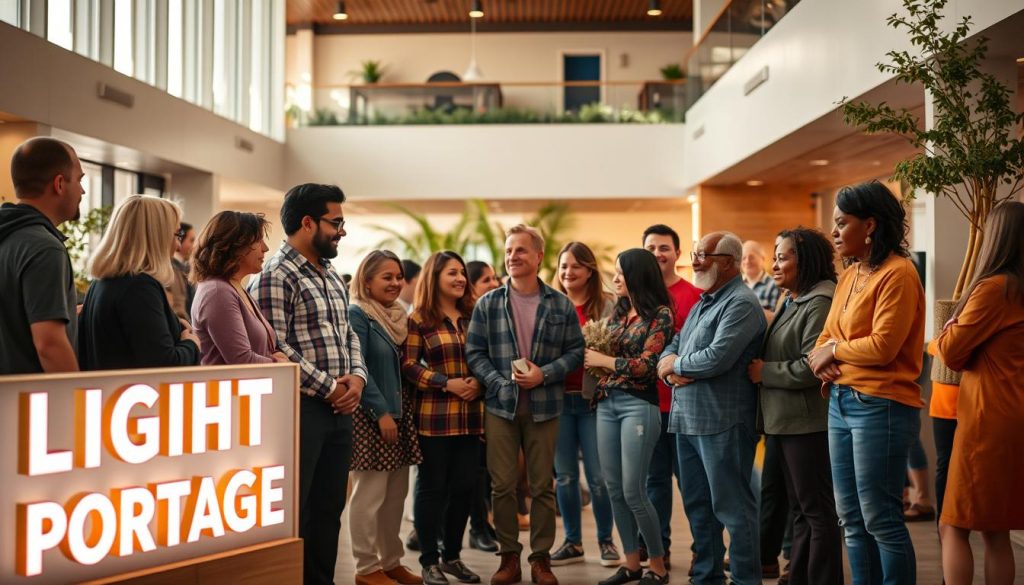 Prompt A diverse group of individuals stands in a well-lit, warm and inviting public space, embodying the spirit of inclusion. In the foreground, a LIGHT PORTAGE sign casts a soft glow, framing the scene. The middle ground features people of varying ages, ethnicities, abilities, and backgrounds, engaged in meaningful conversation and collaboration. The background showcases a modern, open-concept design with natural elements, conveying a sense of harmony and balance. The overall atmosphere is one of mutual respect, understanding, and a shared commitment to creating a welcoming environment for all.