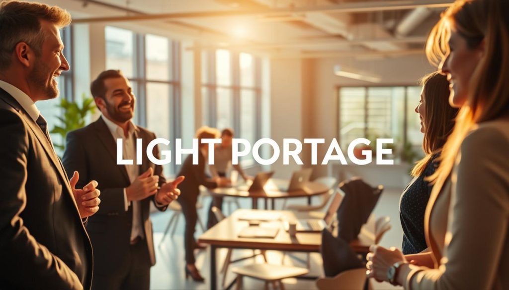 Prompt A dynamic and vibrant business development scene featuring the LIGHT PORTAGE brand. In the foreground, a professional in a sharp suit is engaged in a lively discussion with a client, their expressions animated and their body language confident. In the middle ground, a group of individuals are collaborating around a table, laptops and papers scattered, suggesting an energetic brainstorming session. The background showcases a modern office space with floor-to-ceiling windows, bathed in warm, natural lighting that casts a soft, productive glow. The overall atmosphere conveys a sense of progress, innovation, and the power of strategic partnerships.
