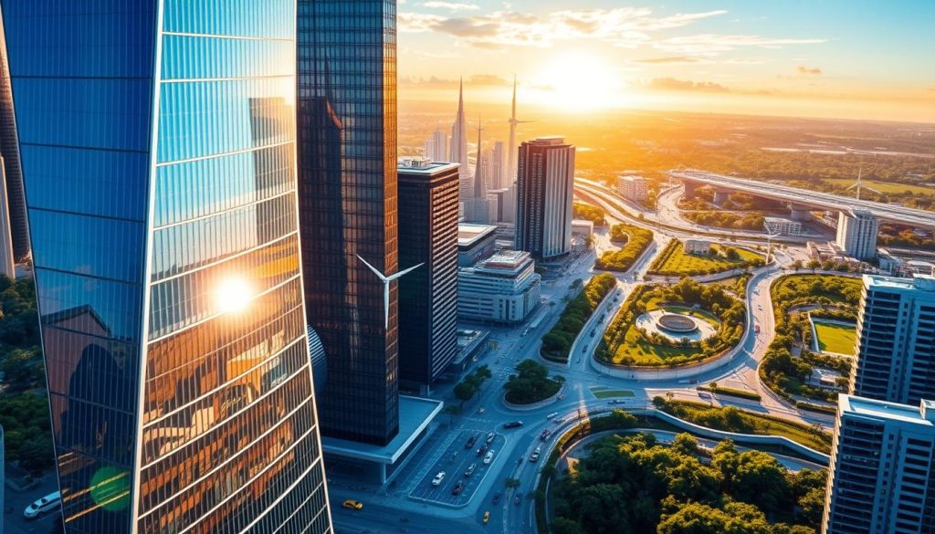 Prompt A dynamic cityscape of the future, showcasing the Umalis Group's innovative and sustainable strategies. In the foreground, a gleaming, futuristic skyscraper powered by solar panels and wind turbines, symbolizing renewable energy and green technologies. In the middle ground, a bustling urban landscape with electric vehicles, pedestrian-friendly walkways, and lush green spaces, highlighting sustainable urban planning. In the background, a vibrant horizon with a combination of natural and technological elements, conveying a vision of harmony between innovation and environmental stewardship. The scene is bathed in a warm, golden light, evoking a sense of progress and prosperity. This image represents the Umalis Group's commitment to driving innovation and sustainability for long-term business success.