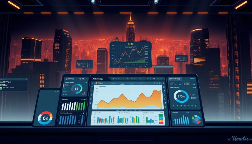 Prompt A high-tech, AI-driven sentiment analysis dashboard created for the Umalis Group, showcasing real-time insights and visualizations. In the foreground, a sleek and intuitive user interface presents various data analytics, including sentiment scores, trending topics, and customer sentiment breakdowns. The middle ground features a large central display showing an interactive heatmap of social media engagement, while the background depicts a dark, futuristic cityscape bathed in a warm glow, creating a sophisticated and immersive atmosphere. Lighting is dramatic, with sharp contrasts and cinematic angles that highlight the dashboard's advanced capabilities and the Umalis Group's technological prowess.