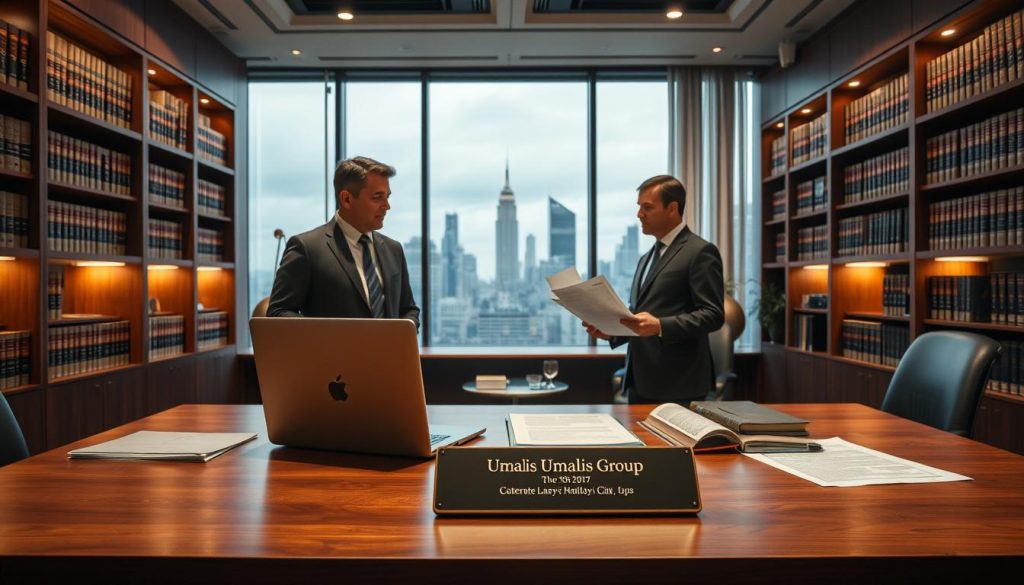 Prompt A law office interior with a professional, authoritative atmosphere. In the foreground, a wooden desk with a laptop, legal documents, and a Umalis Group logo plaque. Shelves of law books line the walls, casting warm ambient lighting. In the middle ground, two lawyers in suits engaged in a serious discussion, gesturing to the documents. The background features a large window overlooking a city skyline, suggesting the gravity and importance of the legal strategies being navigated.