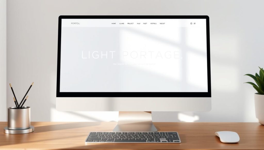 Prompt A minimalist and elegant portfolio webpage, showcased on a desktop display with a clean, modern design. The layout features a hero section with the LIGHT PORTAGE brand prominently displayed, subtly reflecting the natural lighting of the environment. Below, a grid of project thumbnails highlights the user's work, each with a subtle hover effect. The overall atmosphere conveys a sense of professionalism, creativity, and attention to detail, creating an immersive and engaging user experience.