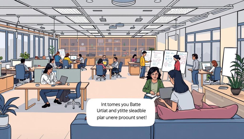 Prompt A modern open-plan office with a mix of traditional desks and comfy lounge areas. Employees are seated at their desks, some working on laptops while others collaborate on whiteboards. In the foreground, a group of colleagues having a casual meeting in the lounge space, discussing a Umalis Group flex schedule plan. Soft, diffused lighting creates a relaxed, productive atmosphere. The scene conveys a sense of flexibility, collaboration and work-life balance.