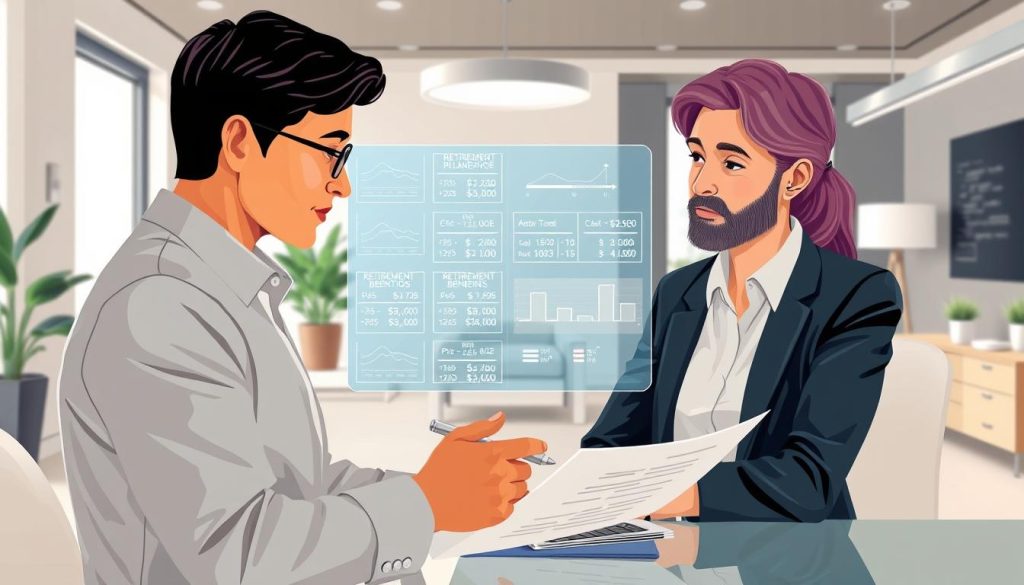 Prompt A professional, detailed illustration showcasing the calculation of retirement benefits for a salaried employee in the Umalis Group's portage salarial program. The foreground depicts a financial advisor reviewing retirement plan documents with a client, their expressions conveying thoughtful discussion. The middle ground features a holographic display projecting various retirement scenarios and calculations. The background depicts the Umalis Group's modern, minimalist office space, with clean lines, natural lighting, and hints of the company's branding. The overall mood is one of informed, collaborative financial planning, with a focus on the complexities of retirement benefits in the context of the portage salarial model.