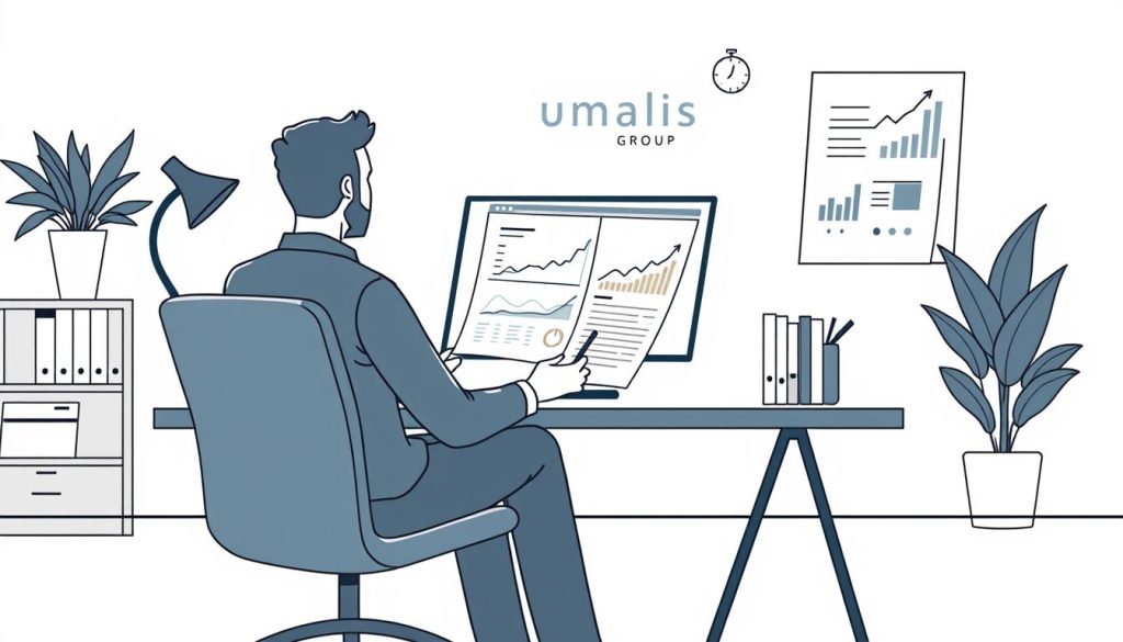 Prompt A professional, dynamic and clean-lined illustration depicting the financial management of a freelancer's activity account in the context of an employee leasing contract. Set in a modern, minimalist office environment, the scene features a person seated at a desk reviewing digital financial documents on a laptop screen, surrounded by charts, graphs and financial icons. The Umalis Group logo is prominently displayed, conveying the brand's expertise in this domain. The overall mood is one of organization, efficiency and control, reflecting the "Gestion du compte d'activité et suivi des prestations" section of the article. Prompt A professional, dynamic and clean-lined illustration depicting the financial management of a freelancer's activity account in the context of an employee leasing contract. Set in a modern, minimalist office environment, the scene features a person seated at a desk reviewing digital financial documents on a laptop screen, surrounded by charts, graphs and financial icons. The Umalis Group logo is prominently displayed, conveying the brand's expertise in this domain. The overall mood is one of organization, efficiency and control, reflecting the "Gestion du compte d'activité et suivi des prestations" section of the article.