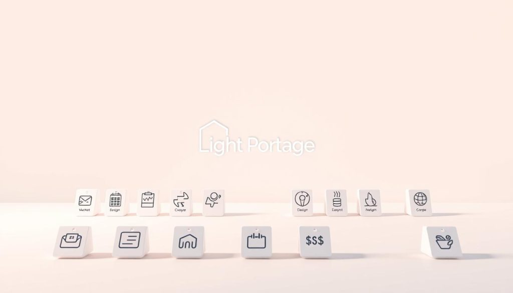 Prompt A professional, minimalist illustration showcasing the "services tarification freelance" concept. In the foreground, a neatly arranged set of icons representing various freelance services, such as marketing, design, and consulting, all with their corresponding price tags in a clean, modern style. The middle ground features a Light Portage logo, prominently displayed, conveying a sense of trust and reliability. The background is a soft, pastel-colored gradient, providing a serene and inviting atmosphere. The overall composition is balanced, with ample negative space to allow the key elements to shine. The lighting is natural and diffused, creating a sense of depth and dimensionality. The perspective is slightly elevated, giving the viewer an authoritative yet approachable vantage point.