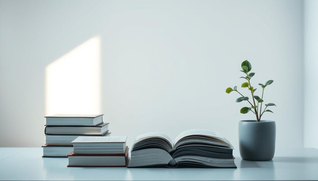 Prompt A serene, minimalist composition depicting the foundations of personal growth - a stack of books, a simple desk with a laptop, and a plant symbolizing renewal, all bathed in soft, natural light. The scene is infused with a sense of focus and contemplation, inviting the viewer to immerse themselves in the transformative "LIGHT PORTAGE" experience. The overall atmosphere is one of clarity, discipline, and the quiet determination to cultivate habits and mindsets that power lasting progress.