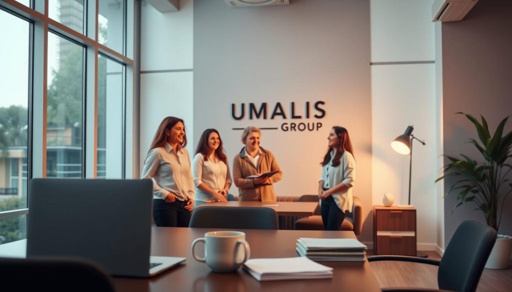 Prompt A serene office setting with large windows, modern furniture, and a minimalist design. In the foreground, a desk with a laptop, a cup of coffee, and a stack of documents. The middle ground features a group of smiling professionals in casual attire, engaged in a collaborative discussion. In the background, the UMALIS GROUP logo is prominently displayed on the wall, signifying the company's presence and the benefits of their employee leasing services. The lighting is soft and warm, creating a welcoming and professional atmosphere. The overall scene conveys the advantages and security of the salarial portage, with a focus on the collaborative, stress-free work environment.
