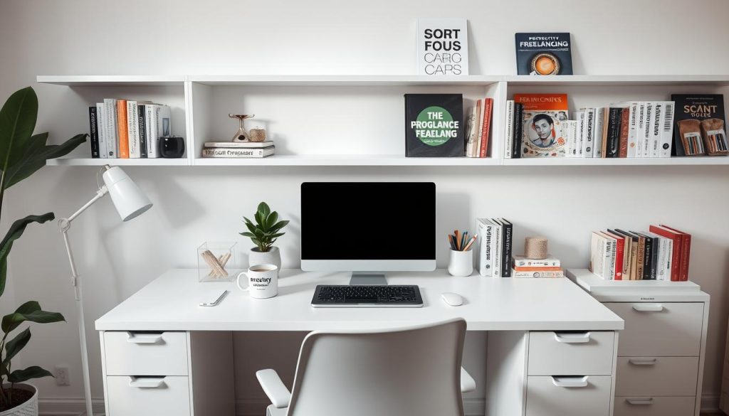Prompt A sleek and modern home office setup with a minimalist aesthetic, centered around a white desk with a laptop, tablet, and assortment of organizational tools and stationery. On the desk, a small potted plant and a mug of coffee. The walls are a light, calming color, with shelves displaying various productivity and freelancing-themed books and magazines. Subtle Light Portage branding is visible on select items. Soft, natural lighting illuminates the scene, creating a serene and focused atmosphere ideal for a freelance professional.